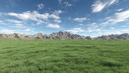Fototapeta premium Expansive grassy plain stretches to a distant mountain range.