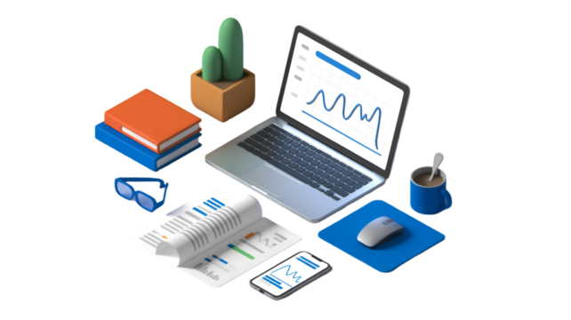 Isometric Workspace with Laptop, Coffee, and Documents