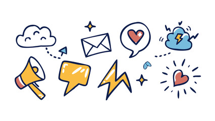 Communication icons with hearts and clouds megaphone