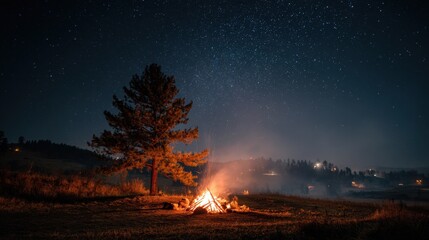 Peaceful Night Sky with Campfire and Stars in Nature Landscape