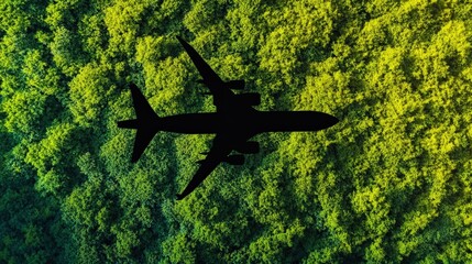 A silhouette of an airplane flying over a lush, green forest, showcasing the contrast between technology and nature.