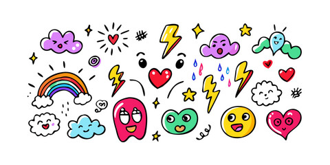 Cute doodle characters and symbols cartoon