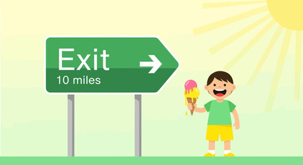 Happy Child Enjoying Ice Cream Near Exit Sign Under Bright Sunshine