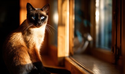 A Siamese cat in sunlit room