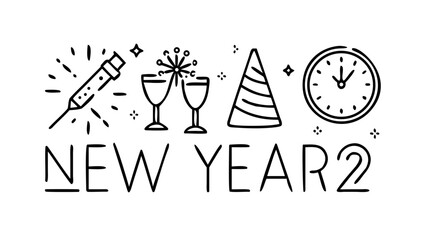 Festive New Year Celebration Icons fireworks clock