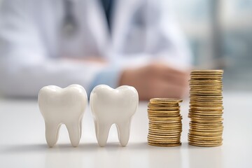 Dental cost concept with tooth models and stacked coins