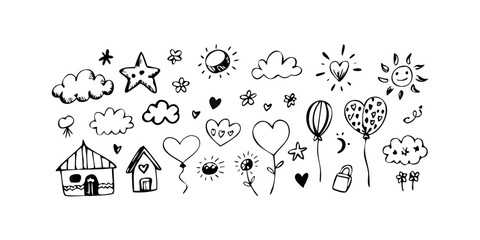 Hand drawn doodle elements with a heart black ink white