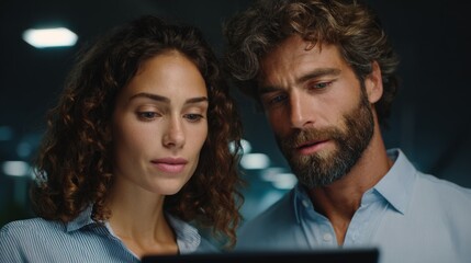 Focused Collaboration: A dynamic duo, their faces illuminated by the soft glow of a computer screen, engage in a focused discussion, embodying the spirit of collaborative effort.
