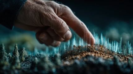 A hand points at a textured surface with digital peaks, suggesting a blend of nature and technology.