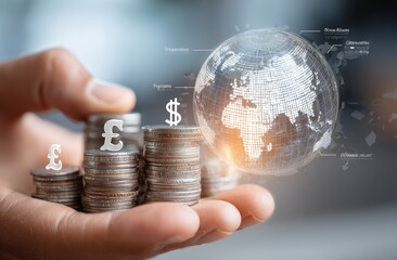 Hand holding stacked coins, global currency, digital globe