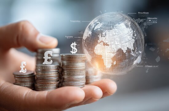 Hand holding stacked coins, global currency, digital globe