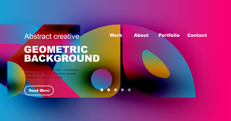 Vibrant website header design. Fluid shapes, bright colors, text overlay, navigation menu present. Modern aesthetic.