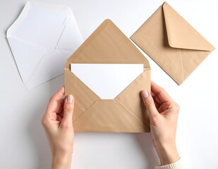 Fototapeta premium A person with neatly manicured nails holds a crisp white envelope, revealing two pristine white letters peeking out, set against a soft, blurred background.