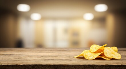 Potato chips piled on a wooden table with a blurred background