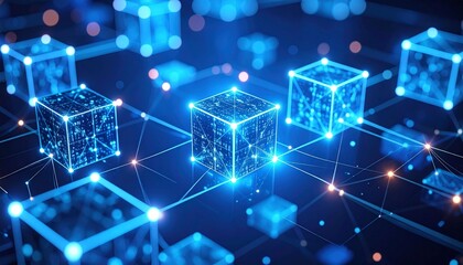 Fototapeta premium Futuristic Blue Digital Blockchain Network with Connected Cubes and Light Trails