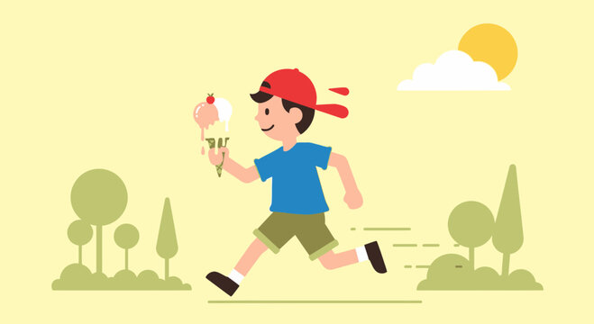 Joyful Boy Running With Melting Ice Cream Under Sunny Sky With Fun