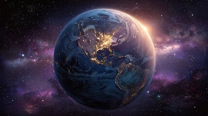 Earth in space, night side lit by city lights