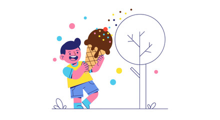 Joyful Child Holding an Oversized Ice Cream Cone with Sprinkles in the Summer