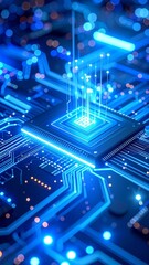 Fototapeta premium Futuristic Digital Circuit Chip with Glowing Blue Data Streams