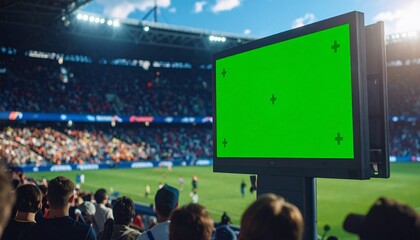 Stadium crowd watches a large blank green screen display with tracking markers for advertising and sports events