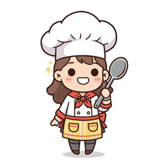 Cute chibi chef smiling with a spoon, dressed in classic chef attire and sparkles around.