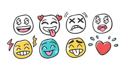 Obraz premium Playful doodle emojis with expressive faces vector