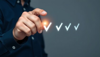 Person's hand selects multiple glowing checkmarks on a digital screen business finger