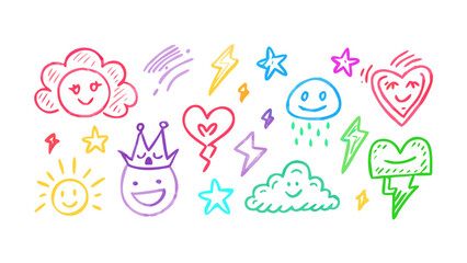 Playful doodle icons of weather and faces vector