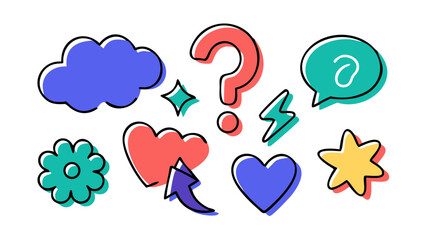 Playful icons cloud question mark hearts star speech bubble
