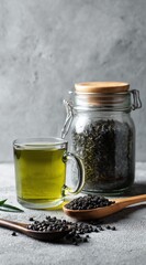 Herbal Tea in Glass Mug with Fresh Lavender and Dried Herbs on Rustic