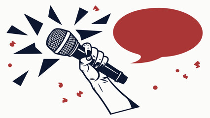 Hand Holding Microphone with Speech Bubble Vector Illustration Audio Podcast Announcement Music Performance Karaoke Speaking Communication Concert Show Event Entertainment Sound Voice Broadcast Radio.