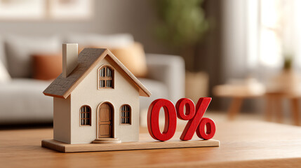 A small model house sits on a wooden surface next to large red "0%" figures, symbolizing zero percent interest or mortgage rates, with a blurred living room background