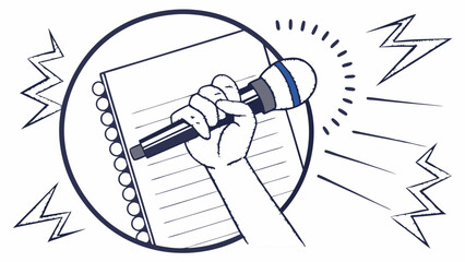 Hand holding microphone near notepad speech podcast announcement communication concept illustration.