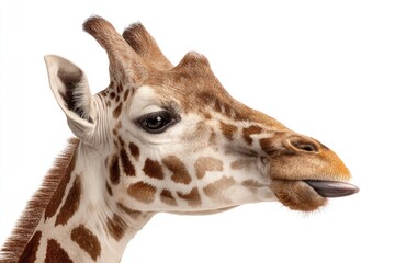 Close-up giraffe's head and neck, profile view, sticking out tongue