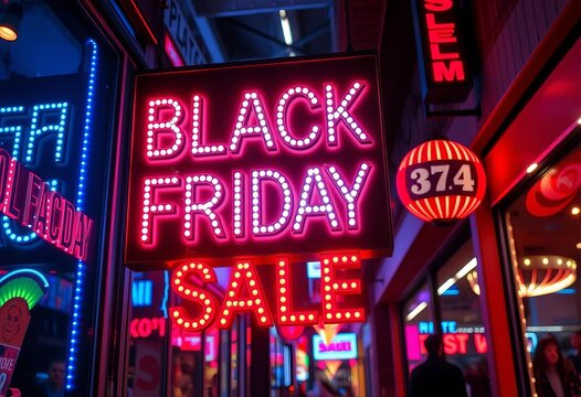 Glowing neon signs advertising Black Friday sale,  vibrant,  flash sale