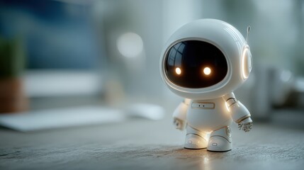 A cute, futuristic robot with a glossy white exterior and large, glowing eyes stands on a desktop, showcasing a blend of technology and design.