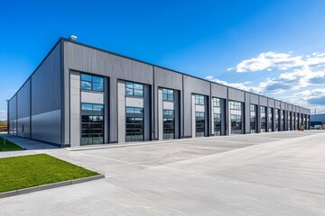 Obraz premium Expansive loading doors enhance functionality in modern warehouses.