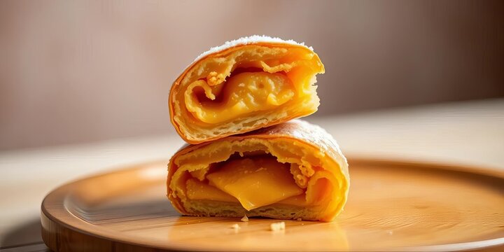 Golden-brown hotteok cut in half, revealing sweet filling  ,  delicious,   dish