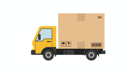 Naklejka premium A vibrant yellow delivery truck transports a large cardboard box, showcasing logistics and transportation, perfect for commercial projects and illustrating shipping concepts effectively.