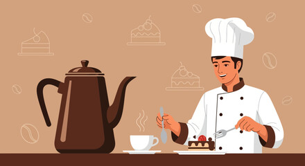 Chef Enjoying Coffee And Treats Preparing Delicious Dessert With Coffee Pot Illustration