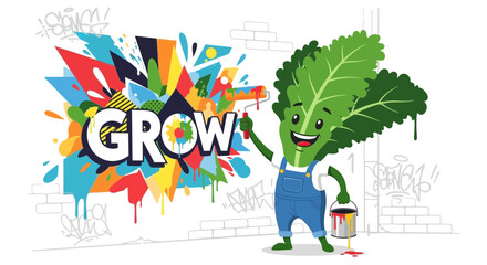 Obraz premium Cute Cartoon Character Paints Colorful Graffiti Mural Representing Growth and Creativity