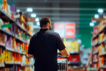 Man Shopping in a Supermarket Pushing a Cart Between Aisles. Customer checking the store for products on sale during inflation 