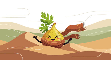 Cute Figgy Character With Scarf Enjoying Warm Weather In The Sandy Desert