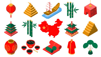 Isometric Icons of Chinese Culture and Symbols
