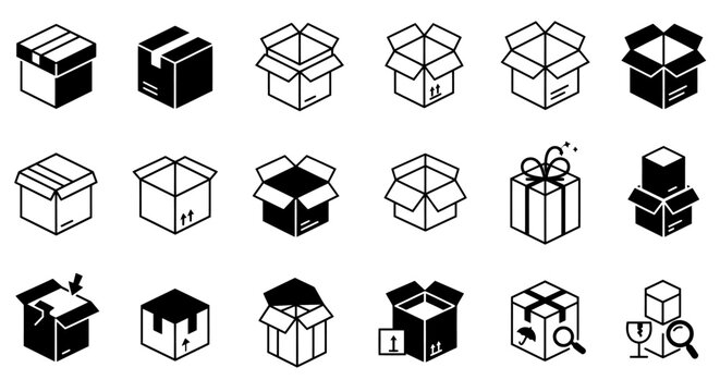 Collection of isometric cardboard box icons in black and white, representing shipping, delivery, and packaging solutions with clear outlines.