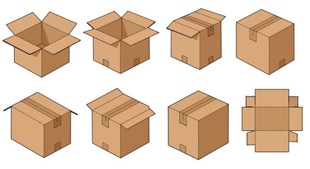 Fototapeta premium High-quality vector PNG illustrations of cardboard boxes in various open and closed positions, ideal for packaging design, shipping, and delivery projects, offering versatile design elements for your