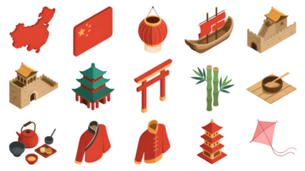 Isometric Icons of Chinese Culture and Landmarks