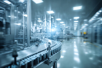 Obraz premium Automated production line in a sterile factory environment with metallic machinery and conveyor belts transporting numerous cylindrical containers for packaging