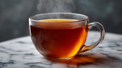 Aromatic Steam Rising: A single transparent cup of hot, amber tea, sending a swirl of fragrant steam into the air, sits on a surface. A simple.