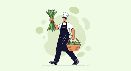 Chef Preparing Fresh Ingredients in a Colorful Illustration for Cooking and Food Concepts